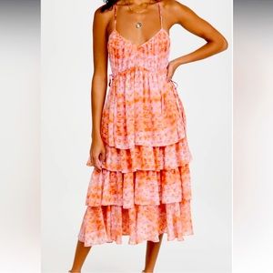 Cinq a Sept ruffle dress in pink/peach colorway